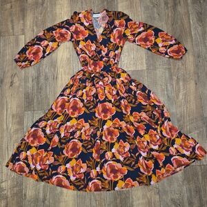 Petal & Pup Navy Midi/Maxi Dress with Pink & Orange Floral Print XS
